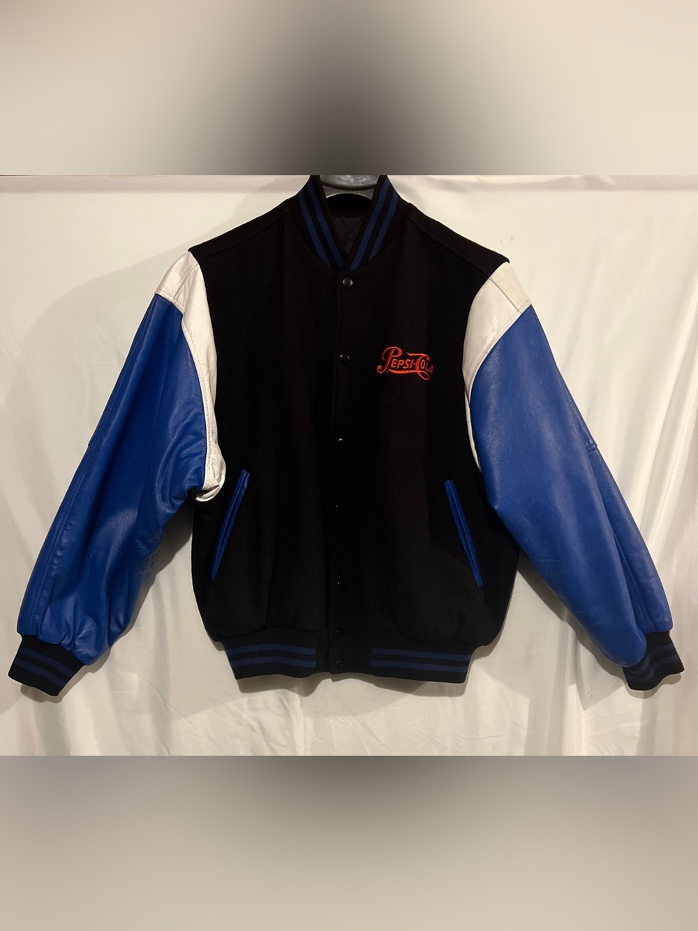 Vintage 1990s Classic Pepsi Black & Blue Varsity Jacket - Size Large